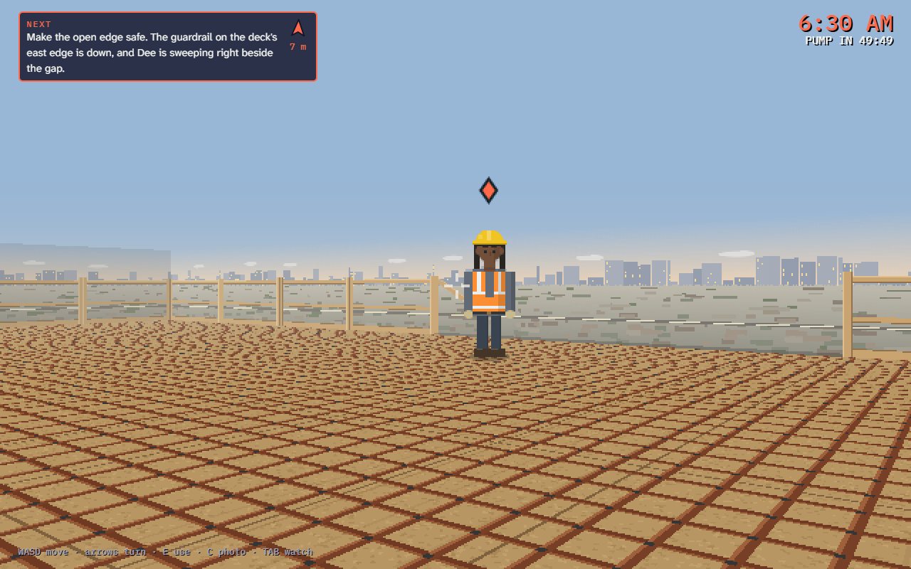 Pour Day in first person: a concrete deck at dawn, a labourer in hi-vis beside a gap in the guardrail